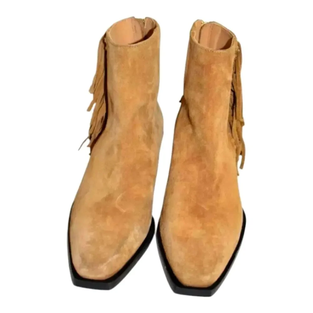 ALLSAINTS Layla Suede Fringe Bootie Cognac Sand BLOCK WESTERN‎ Boots 38 US 8